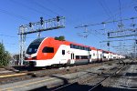 Caltrain Stadler KISS MU Car # 325 leads a northbound late afternoon train to San Francisco 